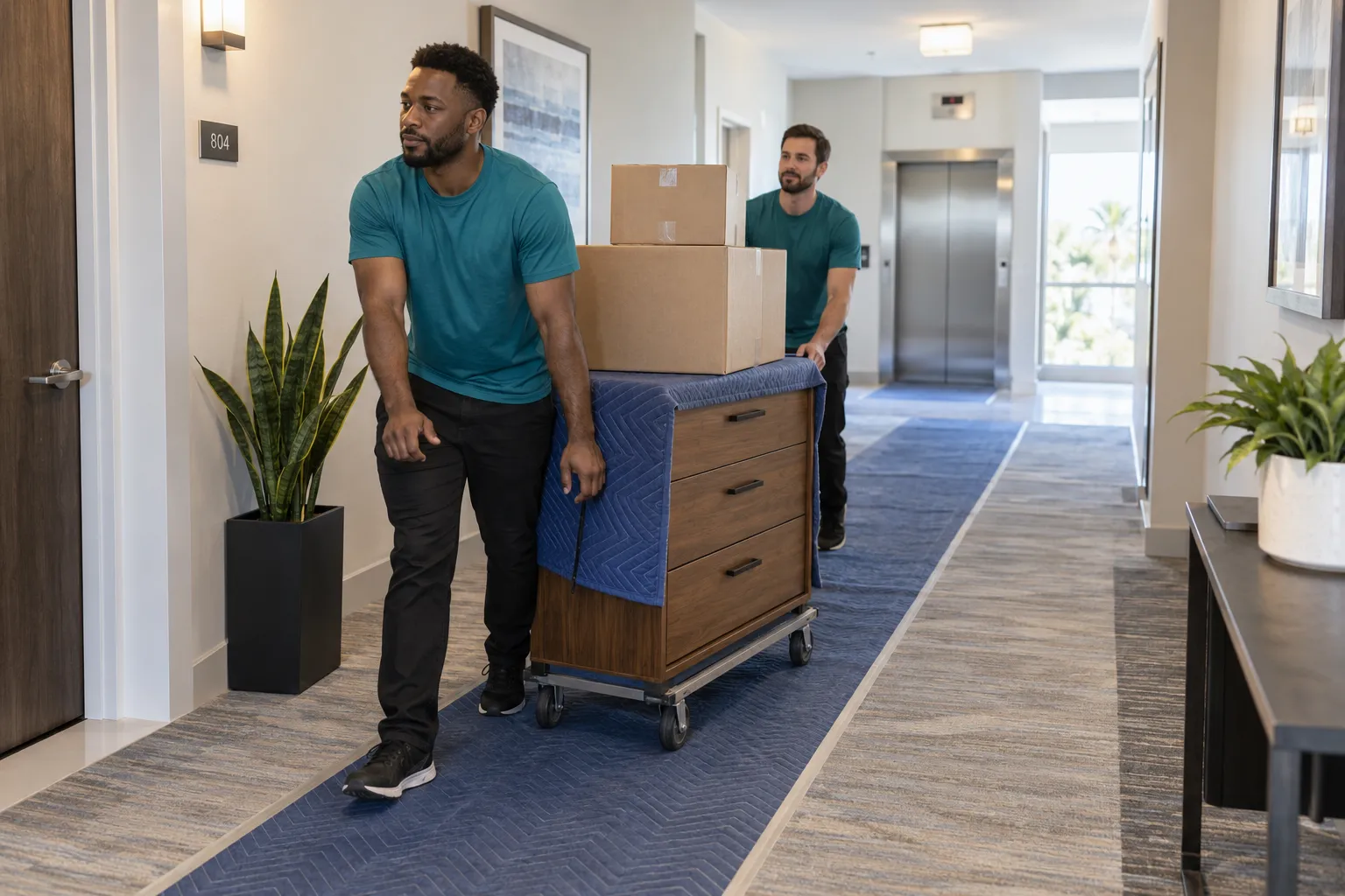 Workers moving household items through an apartment hallway